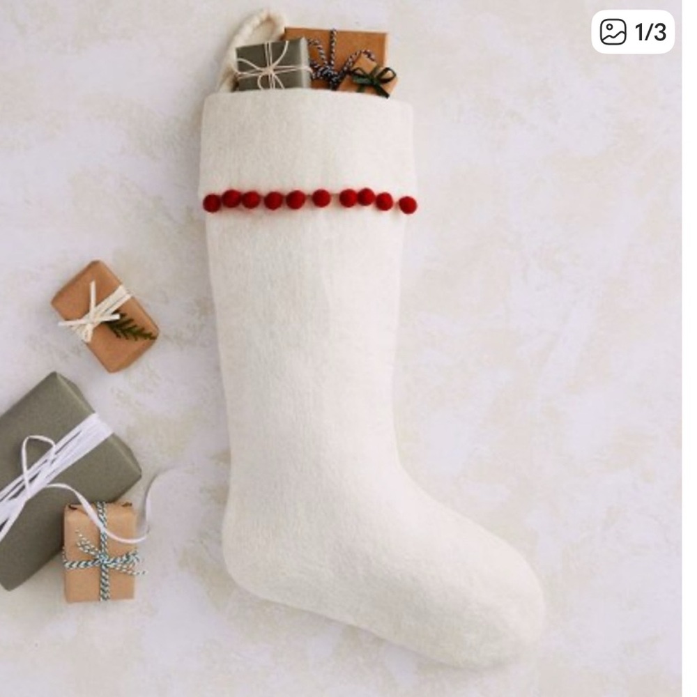 2 West Elm Cream Stockings with Red Pom-Poms